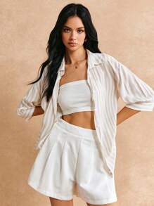 Poéselle Camicia a righe a maniche lunghe da donna, maglie estive carine, abbigliamento estivo da donna, camicia a righe color albicocca, camicia casual fresca, con bottoni, copricamicia, realizzata in materiale leggero e traspirante, adatta per vacanze, uscite casual e vita quotidiana, camicia casual da donna con bottoni, nodo e maniche tre quarti, colletto, camicia ampia a maniche lunghe in viscosa multicolore a spalle cadenti, per primavera/autunno, abbigliamento professionale/aziendale/da lavoro - Multicolore - Visualizzare 6