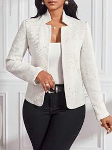 SHEIN Lady 女士纯色开襟西装外套，秋冬季感恩节白色西装外套 - 米色 - 查看 4