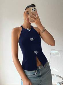 Muchica 海军蓝天鹅绒针织露背女式背心 - 藏蓝色 - 查看 4