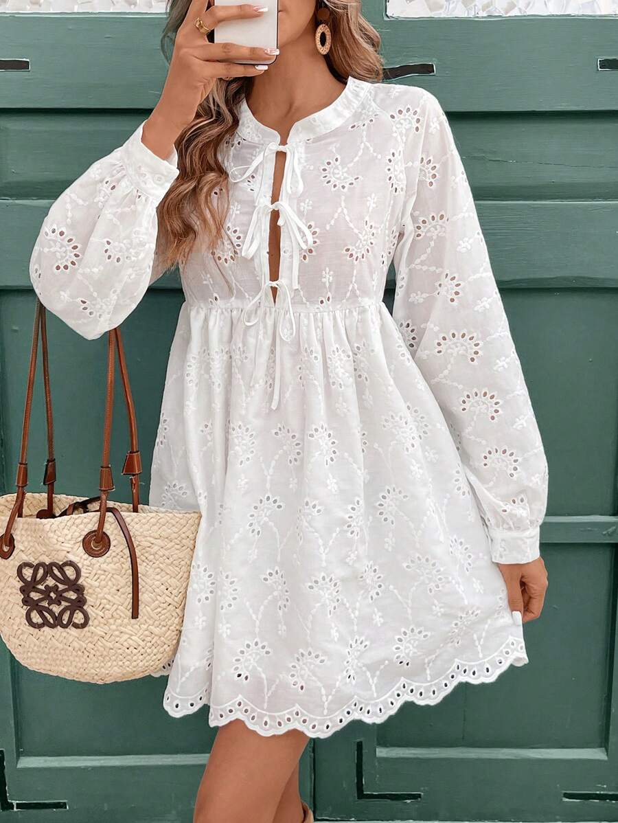 SHEIN VCAY 女士圆领荷叶边袖 A 字形休闲纹理度假连衣裙，秋冬 - 白色 - 查看 1