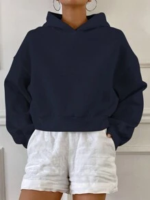 DAZY 女式基本款圆领休闲羊毛运动衫、秋装连帽衫 - 藏蓝色 - 查看 3