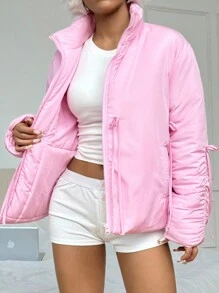 Flirla Women Casual Everyday Wear Pink Bow Decor Zip-Up Stand Collar Padded Padded Coat, Winter Clothes