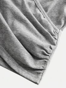 Tween Girl Plain V-Neck Gather Long Sleeve T-Shirt With Plain Cargo Pants Set - Grey - View 3