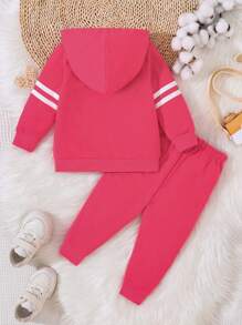 Baby Girl Holiday Letter & Heart Hooded Jacket And Pants Casual Outfit, Autumn/Winter - Pink - View 2