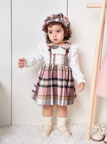 SHEIN Babygirl Autumn Winter Cute Plaid Patchwork Dress & Hat Set
