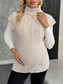 SHEIN Maternity Solid Color Turtleneck Sleeveless Casual Pullover Sweater - Apricot - View 5