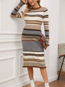 SHEIN Maternity Crew Neck Colorblock Full Print Long Sleeve Sweater, For Winter - Multicolor - View 3