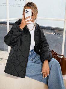 SHEIN LUNE Hooded Loose Midi Length Parka With Quilted Pumpkin Plaid Pattern For Women Winter Outfit Keep Warm Winter Coat Down& Feathers - Black - View 2