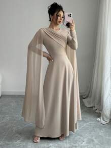 女士优雅迷人派对长袖圆领束腰网眼披肩纯色长裙 - 卡其色 - 查看 7