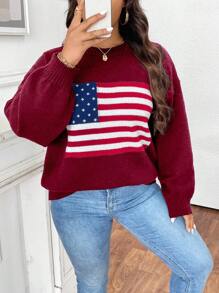 Calvaya 大码美国国旗图案宽松圆领落肩休闲毛衣，适合秋冬季针织套头衫 - 中紫紅色 - 查看 8