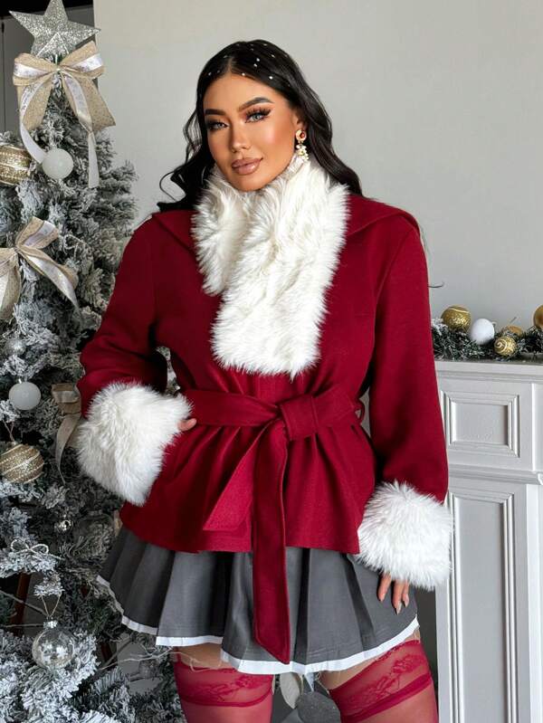 SHEIN SXY Abrigo oversize de mujer con bloques de color y cuello de piel, adecuado para Navidad, otoño/invierno, Noche de Navidad, citas, cumpleaños, despedida de soltera, casual, compras, uso diario, salir, fácil de combinar y adelgazador, que resalta tu figura