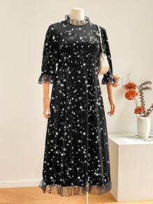 SHEIN Privé Plus Size Velvet With Metallic Foil High Neck Splice Mesh Midi Straight Dress - Black - View 6