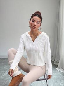 SHEIN Unity 一件长袖连帽收腰针织上衣，时尚短款毛衣，秋冬季 - 米色 - 查看 3