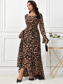 Modelyn Women Animal Leopard Print Boat Neck Elegant Long Sleeve Dress - Multicolor - View 4