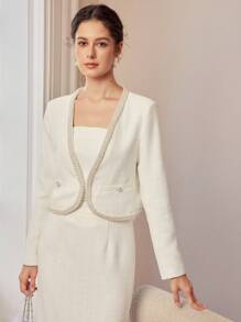 MOTF PREMIUM FAUX PEARL TRIM CROP LIGHTWEIGHT JACKET - Apricot - View 2