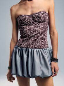 SHEIN Unity Leopard Print Sweetheart Neck Puff Hem Dress - Brown - View 6