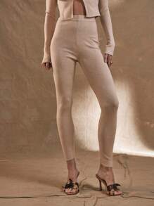 MUSERA WESTERN Solid High Waist Knit Pants - Khaki - View 2