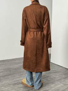 SHEIN EZwear 女式咖啡色立领长袖长款休闲麂皮风衣，秋季 - 咖啡棕 - 查看 2