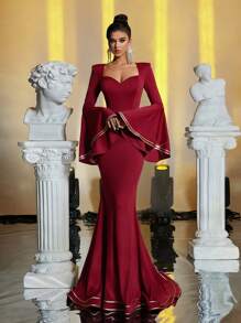 Glamrae Vestido de noche elegante de fishtail color borgoña con hombros acolchados, escote corazón, mangas de volantes dramáticas, contraste de cinta dorada lujosa, adecuado para todas las ocasiones formales, fiestas formales, bailes de graduación, invitados de bodas, graduación, cenas - Burdeos - Ver 3