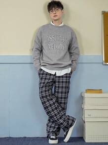 DAZY Men's Casual Letter Print Round Neck Drop Shoulder Long Sleeve Sweater, Autumn - Grey - View 3