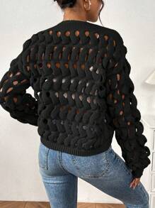 Chiquease Áo len cardigan dệt kim hở lưng cho nữ - màu đen - Xem 3