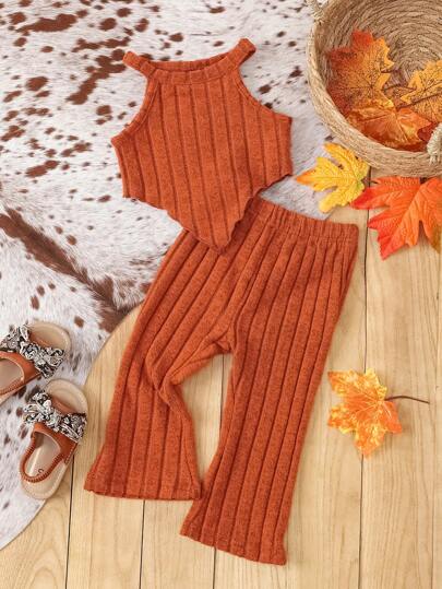 SHEIN Baby Girls' Casual Thick-Knitted Ribbed Top, Flared Pants Set