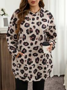 SHEIN LUNE Plus Size Fall/Winter Clothes Leopard Print Pocket Hoodie Holiday Outfit