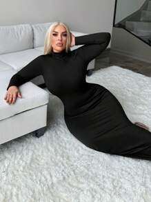 SHEIN SXY Plus Size Women Comfortable Casual Turtleneck Backless Long Bodycon Dress, Autumn/Winter