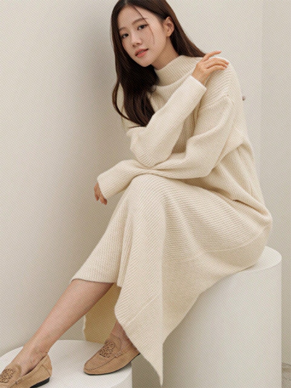 Women's Minimalist Stand Collar Knit Sweater Dress, Suitable For Autumn/Winter