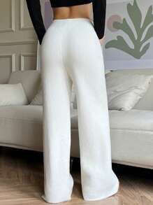 SHEIN EZwear Pantalones casuales tejidos de cintura elástica y unicolor cálidos y gruesos para mujeres