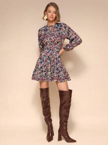 Calvaya Women Floral Print Tie Neck Casual Long Sleeve Dress