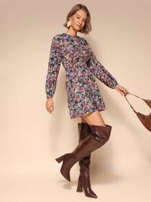 Calvaya Women Floral Print Tie Neck Casual Long Sleeve Dress