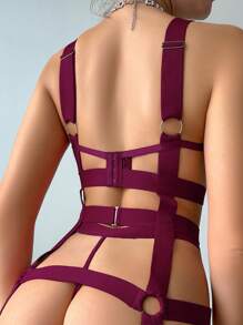女士性感吊带内衣 4 件套，含钢圈内衣、丁字裤、腿环，适合外出穿着 - 中紫紅色 - 查看 2