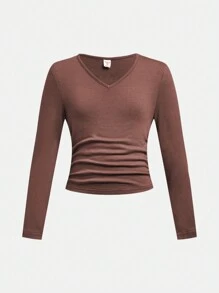 SHEIN 3pcs Tween Girls Fall/Winter Casual Solid Color V-Neck Long Sleeve Knitted Base Layer Tops - Brown - View 6