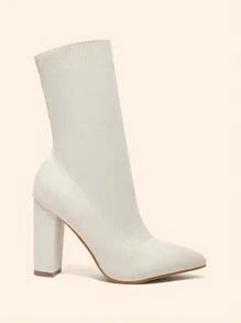 CUCCOO BASICS Pointed Toe Chunky High Heel Slip-On Knitted Women Boots For And Spring Shoes Spring Break Easter For Christmas - Beige - View 5