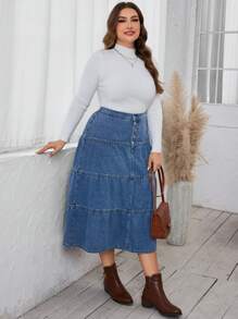 SHEIN LUNE Plus Size Casual Everyday Front Button Ruffle Hem Denim A-Line Skirt, Autumn