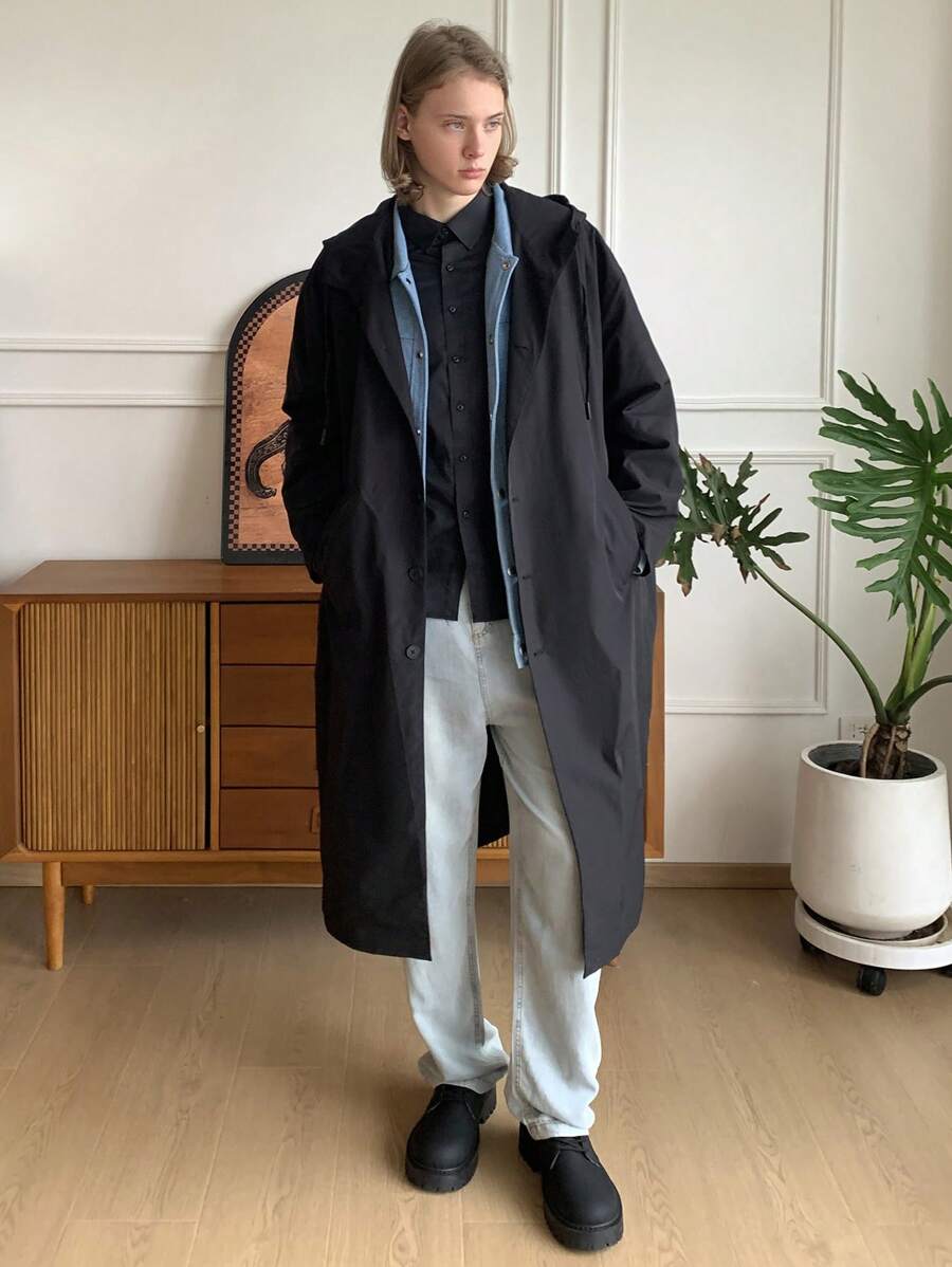 Manfinity VCAY 1pc Men's Lightweight Fitted Casual Hooded Long Sleeve Jacket, Stylish Everyday Wear, For Fall Winter - Black - View 1