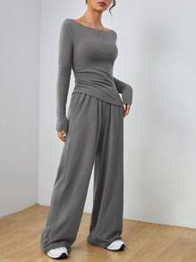SHEIN EZwear 1 套女士灰色休闲针织修身长袖上衣和裤子套装 - 灰色 - 查看 3