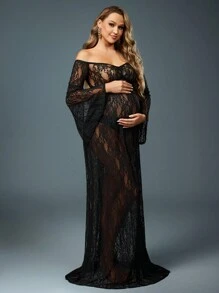 SHEIN 长袖黑色蕾丝孕妇装，适合孕妇拍照