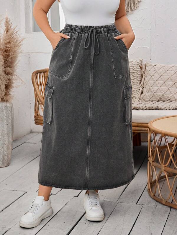 EMERY ROSE Plus Size Front Tie Pockets Simple Design Denim Maxi Skirt, Casual Everyday Wear