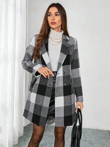 SHEIN Clasi Women's Classic Plaid Khaki Turndown Collar Button Decor Elegant Warmth Long Coat, Suitable For Autumn, Winter And Spring - Black - View 1