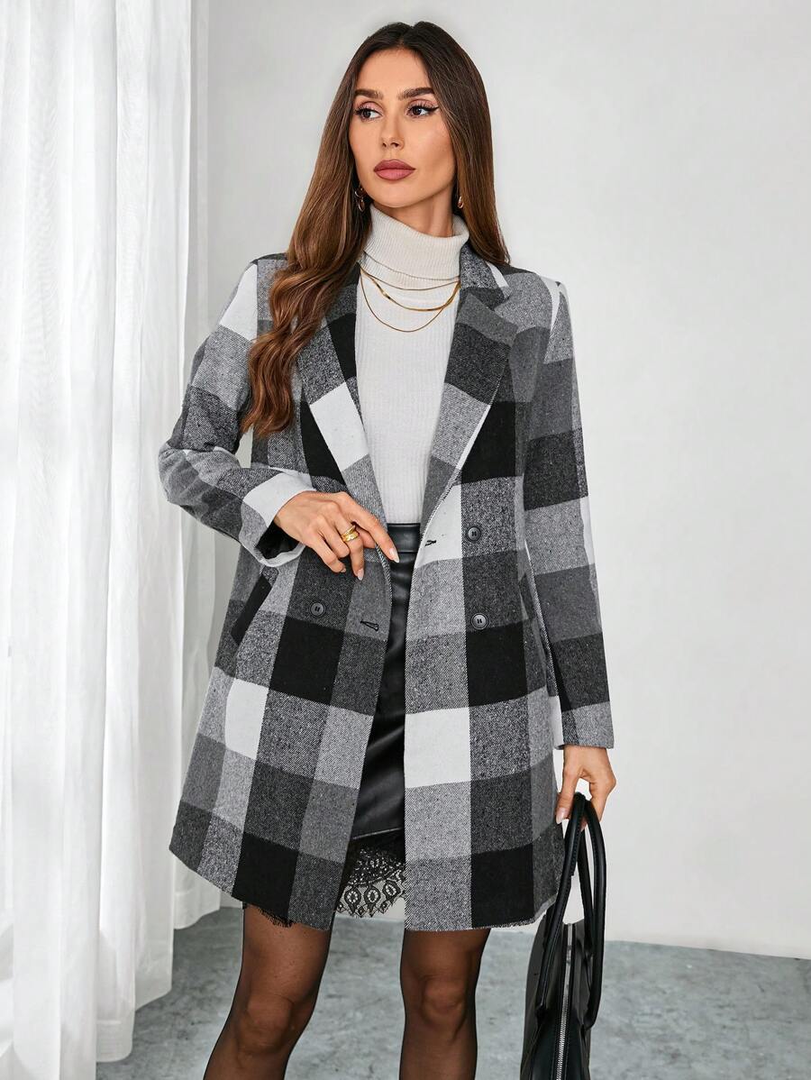 SHEIN Clasi Women's Classic Plaid Khaki Turndown Collar Button Decor Elegant Warmth Long Coat, Suitable For Autumn, Winter And Spring - Black - View 1