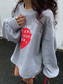 DAZY Women's Solid Color Crew Neck Letter Print Fleece Pullover Valentine Valentine's Day,Fall Clothes Sweatshirt,Winter - Grey - View 7