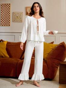 Oxana Designer Women's White Tie-Strap Gathered Loose Sleep Top Homewear, For Holiday, Vacation, Spring & Summer, Going Out, Ibiza Fits - White - View 7