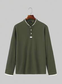 Manfinity Homme 男士休闲拼色饰边长袖 Polo 衫，秋季 - 軍綠色 - 查看 4