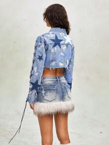 ROMWE Grunge Punk Motorcyclist Functional Pentagon Star Patch Metal Studded Sleeve Strap Denim Jacket - Multicolor - View 6