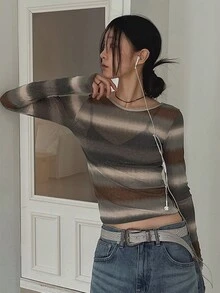 DAZY 女士不对称渐变条纹露背系带 T 恤 - 彩色 - 查看 4