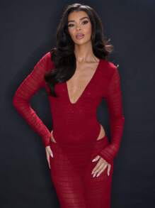 MUSERA Ruched Long Sleeve Plunge Bodysuit Sexy Sexy Club Spring Summer Vacation Elegant - Silver - View 1