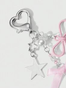 ROMWE Kawaii 1pc Ins Style Cute Girl's Elegant High-Quality Silver Chain Faux Pearl Pink Ribbon Acrylic Bowknot Star Keychain, Suitable For Women And Girls, Daily Wear And Festival Gift Valentines