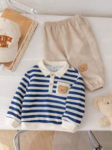 SHEIN 2 pezzi/Set Autunno Inverno Neonato Maschio/Femmina Camicia Polo a Righe Stile College Confortevole e Morbida e Pantaloni Lenti in Pile con toppe Decorativa di Orso cartoni animati